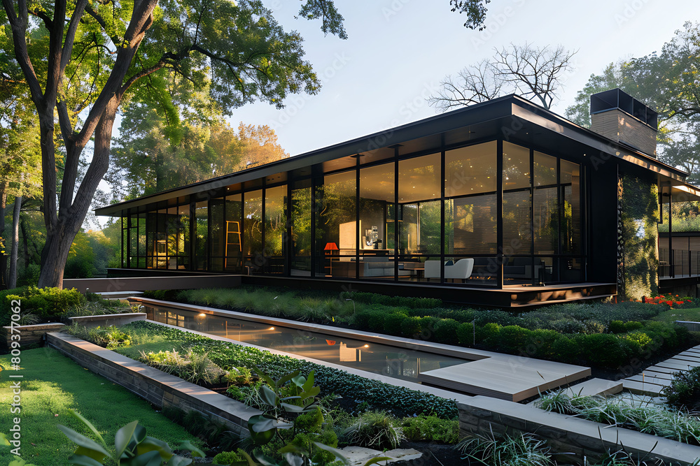 architectural brilliance of a minimalist cubic home, its glass walls reflecting the serenity of its landscaped front yard architectural brilliance of a minimalist cubic home, its glass walls reflecting the serenity of its landscaped front yard