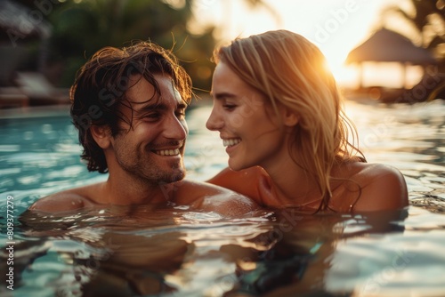 A man and woman are in the water, smiling and enjoying each other's company