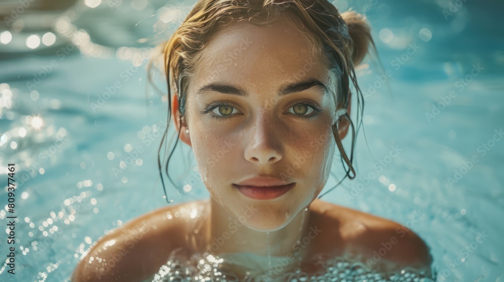 Olympic Pool Tech: Energetic Girl Swimming Portrait