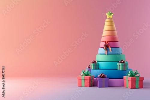 Minimalist Christmas Tree 3D Render in Rainbow Colors with Copy Space and Gift Box