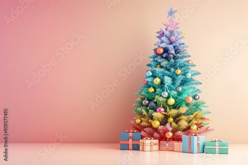 3D Rendering of Minimalist Christmas Tree with Rainbow Colors  Copy Space  and Gift Box