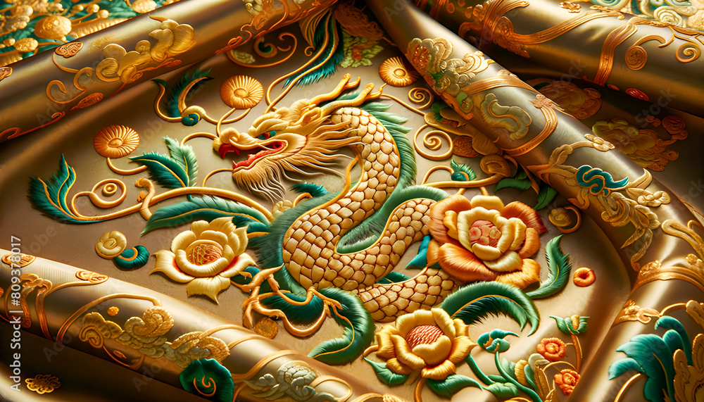 custom made wallpaper toronto digitalLuxurious silk fabric adorned with intricate Chinese dragon designs, featuring vibrant colors and exquisite detail, perfect for elegant decor.