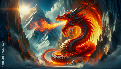 A majestic fire-breathing dragon guards its mountain lair, surrounded by mystical mists and ancient ruins, creating an aura of awe and danger. photo