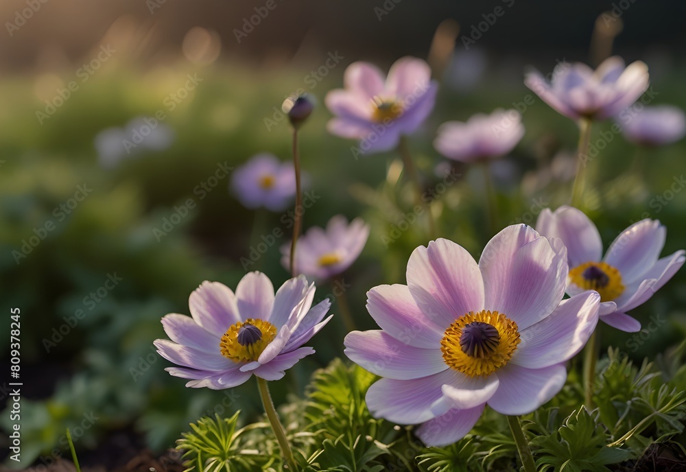 Anemones nodding in the gentle morning breeze, generative AI Anemones nodding in the gentle morning breeze, generative AI