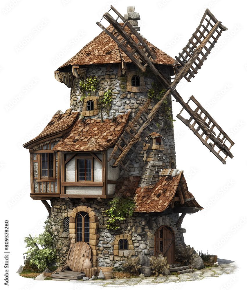 Detailed Model of a Medieval Windmill House, Stone and Wood Architecture