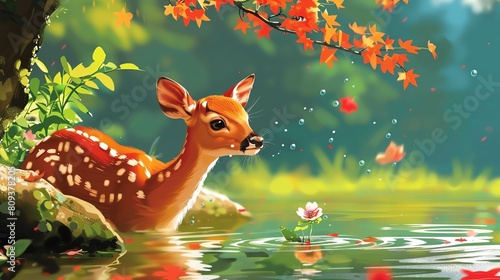 A cute deer drinking water in a peaceful forest.