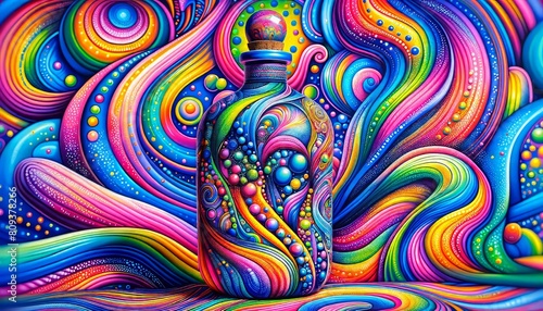 A vividly colorful glass bottle painted in a psychedelic style, featuring bright, swirling patterns and intricate dot designs.