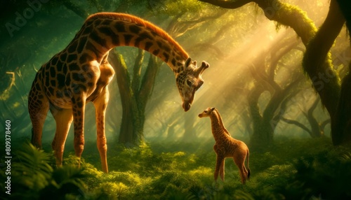 A towering giraffe mother gazing down affectionately at her calf in a lush, green forest.