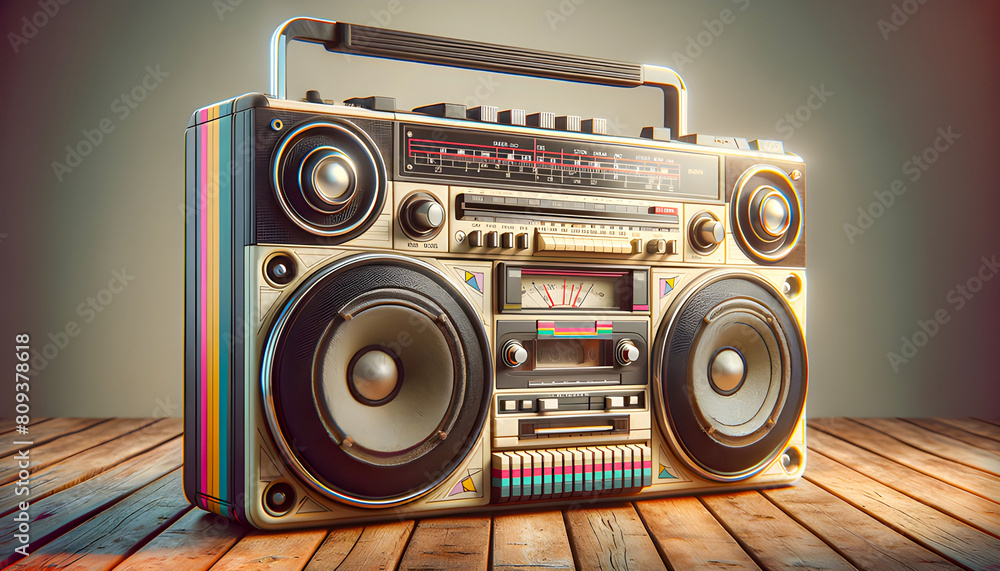 A nostalgic image of a retro cassette boombox, evoking memories of the '80s with its bold design, vibrant colors, and dynamic sound, symbolizing an era of musical revolution.
