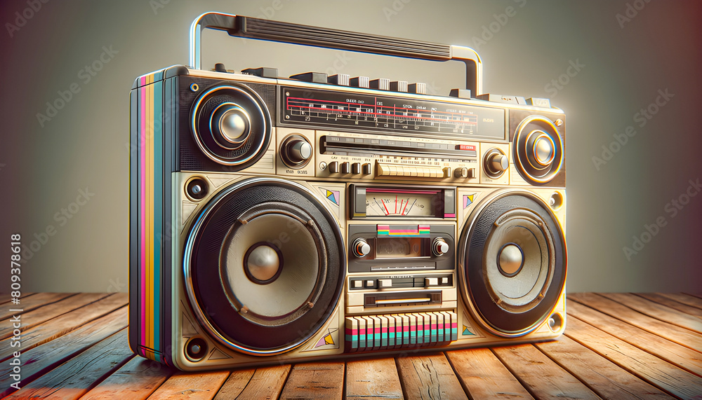 Fototapeta premium A nostalgic image of a retro cassette boombox, evoking memories of the '80s with its bold design, vibrant colors, and dynamic sound, symbolizing an era of musical revolution.