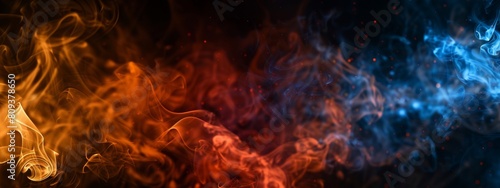 Dark background with orange and blue smoke in the foreground  closeup. Dark  fiery atmosphere with fog and smoke.