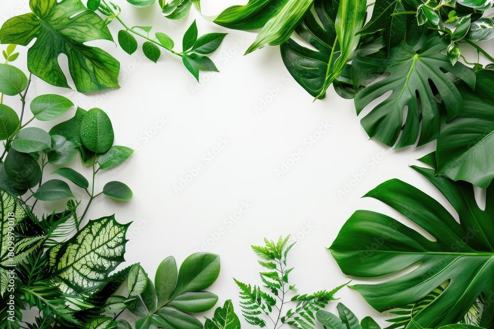 Creative layout made of green leaves on white background. Flat lay, top view. Nature concept.