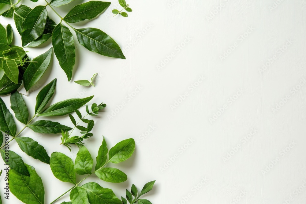 Green leaves on white background. Flat lay, top view, copy space Green leaves on white background. Flat lay, top view, copy space