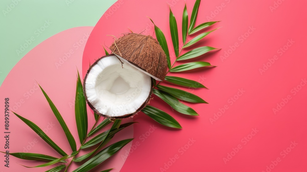 Top view of coconut with green leaves on a colored background Top view of coconut with green leaves on a colored background