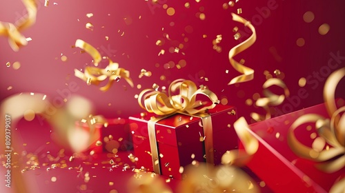 Festive ecommerce promotion Red backdrop adorned with golden ribbons for a warm atmosphere