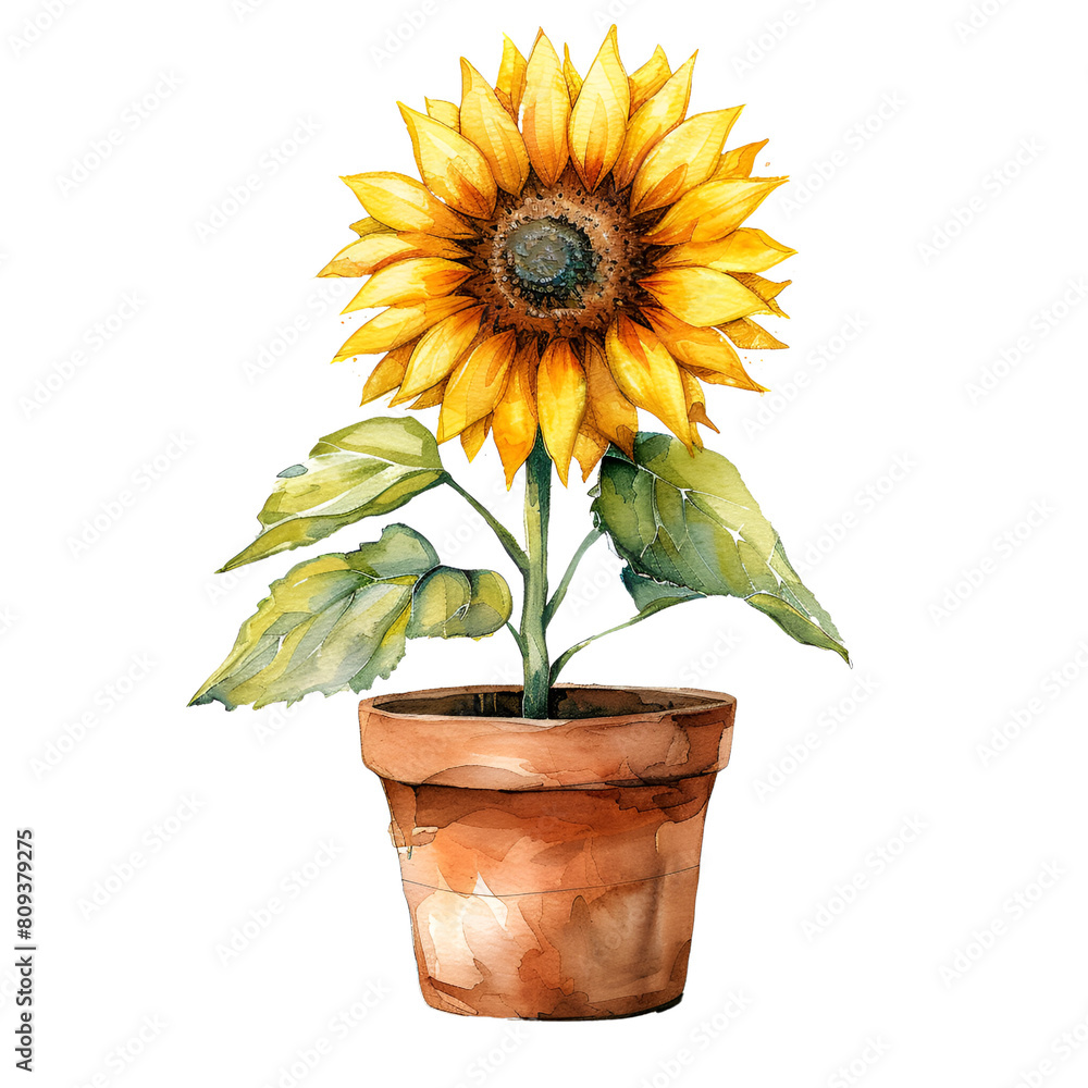 Obraz premium Watercolor sunflower in a pot clipart on transparent background