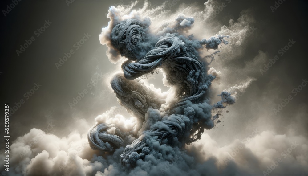 A sculpture similar to a textured, twisted humanoid figure entwined in dense fog, with parts of it appearing and disappearing into the mist, enhancing.