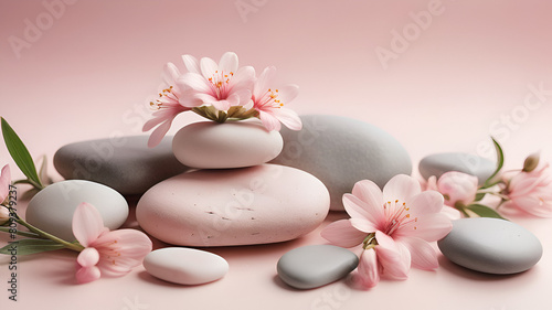 Relaxing balance Spa Stones and Beautiful Pink Cherry Flowers on pink Background 