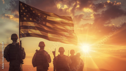 Group of American soldiers standing with american flag