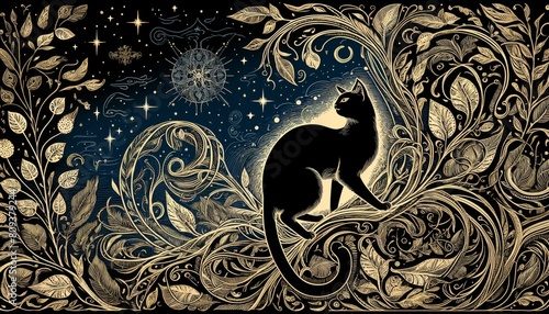 A mystical scene showing a cat intertwined with an intricate pattern of vines and leaves, set against a background of the night sky.
