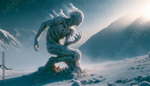 A sculpture similar to a textured, twisted humanoid figure on a frost-covered mountaintop, with ice and snow clinging to its limbs. photo