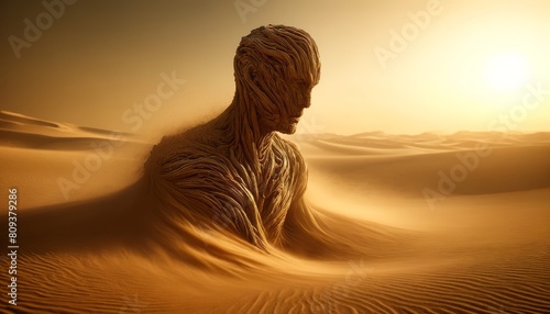 A sculpture similar to a textured, twisted humanoid figure in a desert, with sand swirling around its base, giving the impression of it being partiall. photo