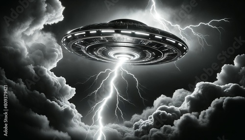 A close-up shot of a UFO in a stormy sky with lightning striking near it, in black and white.