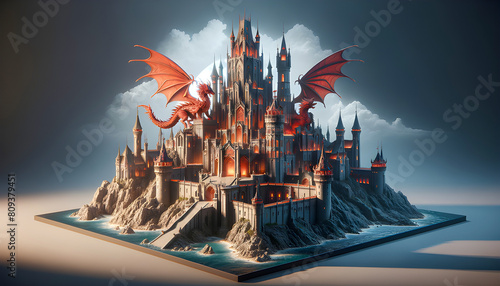 A majestic dragon castle towers over a rugged landscape, its ancient stone walls and turrets exuding power and mystery, with dragon statues guarding its entrance, evoking a sense of fantasy and legend photo