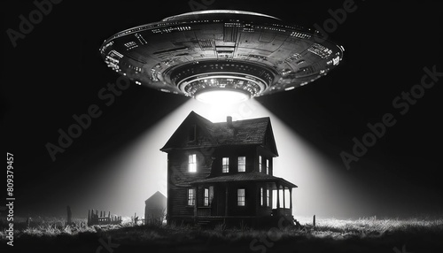 A close view of a UFO descending towards an abandoned old farmhouse in a black and white setting.