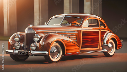 A nostalgic view of a vintage wood panel car, showcasing its classic design and charming craftsmanship, evoking memories of a bygone era and timeless road trips.