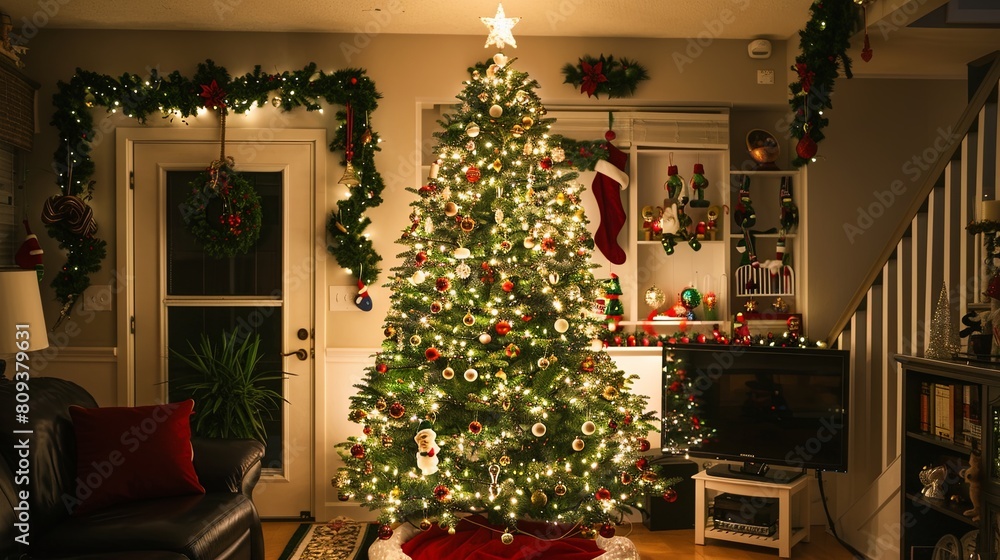 Festively decorated Christmas tree glowing warmly in indoor ambiance