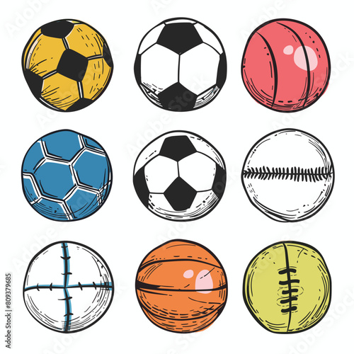 Collection various sports balls handdrawn style isolated white background. Colored sketch soccer  balls sports design. Black white outline volleyball  football  cricket ball