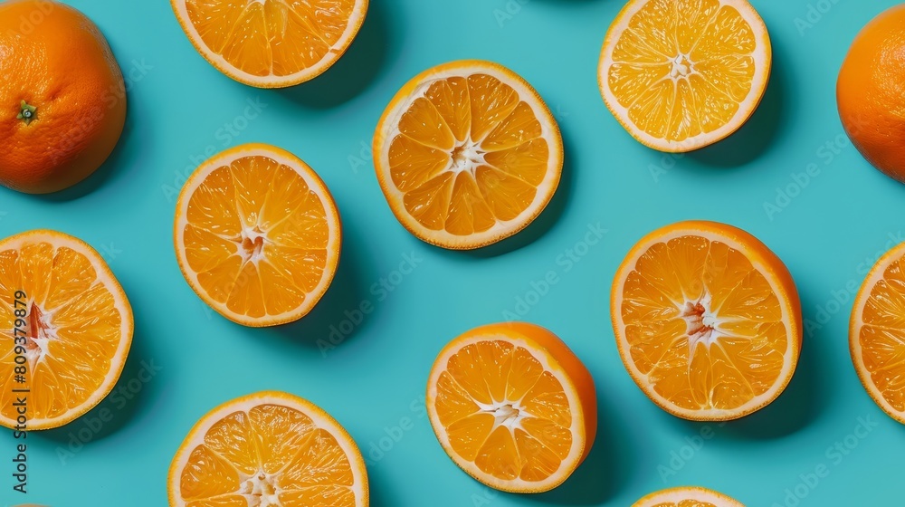 Close-up view of orange slices and whole oranges, forming a playful pattern on a bright cyan background, isolated under studio lighting Close-up view of orange slices and whole oranges, forming a playful pattern on a bright cyan background, isolated under studio lighting