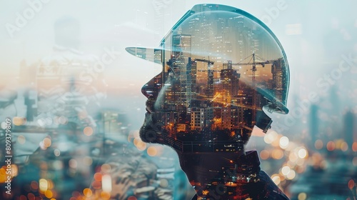 Close portrait of an architect in a helmet, double exposed with a dynamic city skyline and construction, representing architectural design