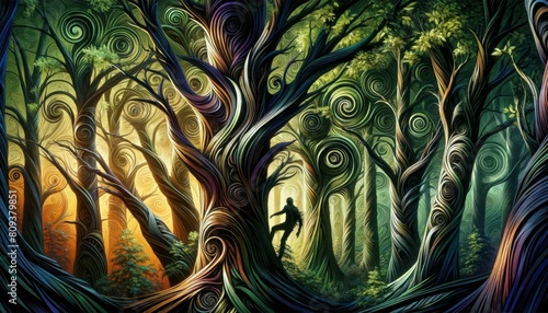 A densely wooded forest with swirling tree patterns and spiraling leaves, with a figure emerging from the bark of a tree.