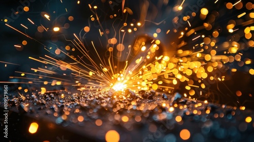 Close-up view of welding sparks, shining brightly and scattered in a dark space.
