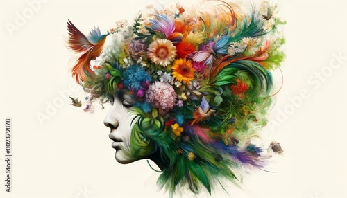 A portrait of a person with a head full of floral and garden elements, like flowers, leaves, and birds in mid-flight, rendered. © FantasyLand86