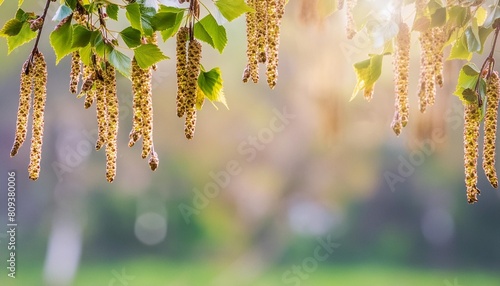 hanging birch tree blossoms isolated on blurred sunny spring background banner with copy space floral pollen allergy concept
