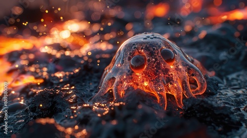 An eerie, ghost-like creature with a translucent, glowing body in a dark, volcanic environment.