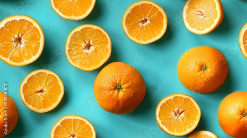 Close-up top view of whole and sliced oranges  arranged in a fun pattern on a vibrant greenish-blue background  isolated