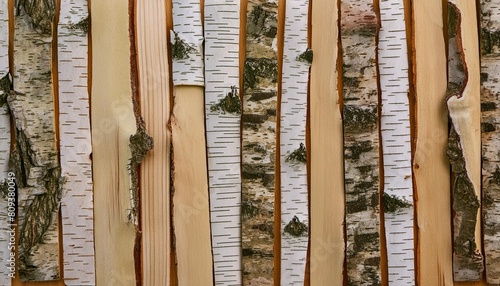 birch bark strips arranged in a lengthwise horizontal arrangement in a nature themed background photo