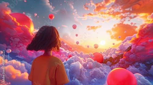 A child observes a surreal, vibrant landscape with floating orbs and clouds illuminated by a dramatic sunset.