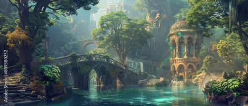 A mystical jungle city with elaborate architecture and cascading waterfalls  nestled in a lush forest.