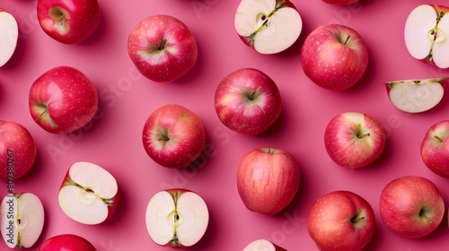 Close-up overhead shot of whole and sliced apples in a whimsical pattern, vibrant magenta background, isolated under studio lighting
