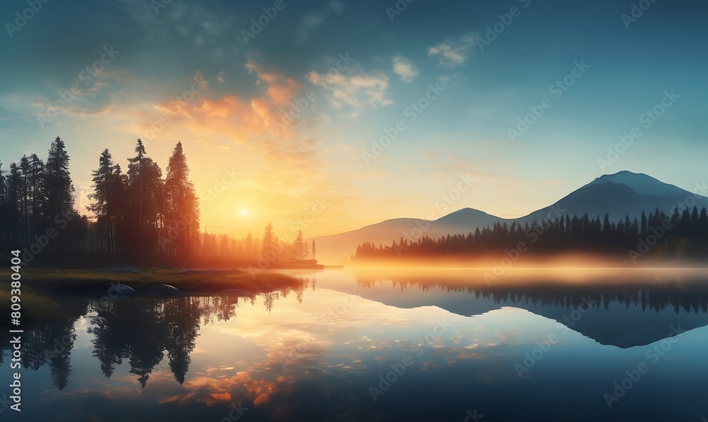 Beautiful sunset over lake with reflection in water. Nature composition.