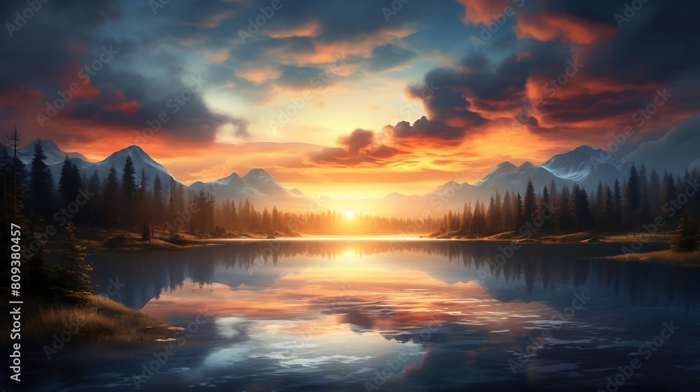 Beautiful sunset over lake with reflection in water. Nature composition.