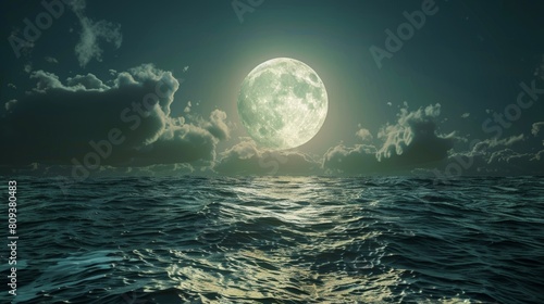 Close-up of the full moon shining directly on the ocean s liquid surface  creating a captivating shimmer with clouds adding atmosphere