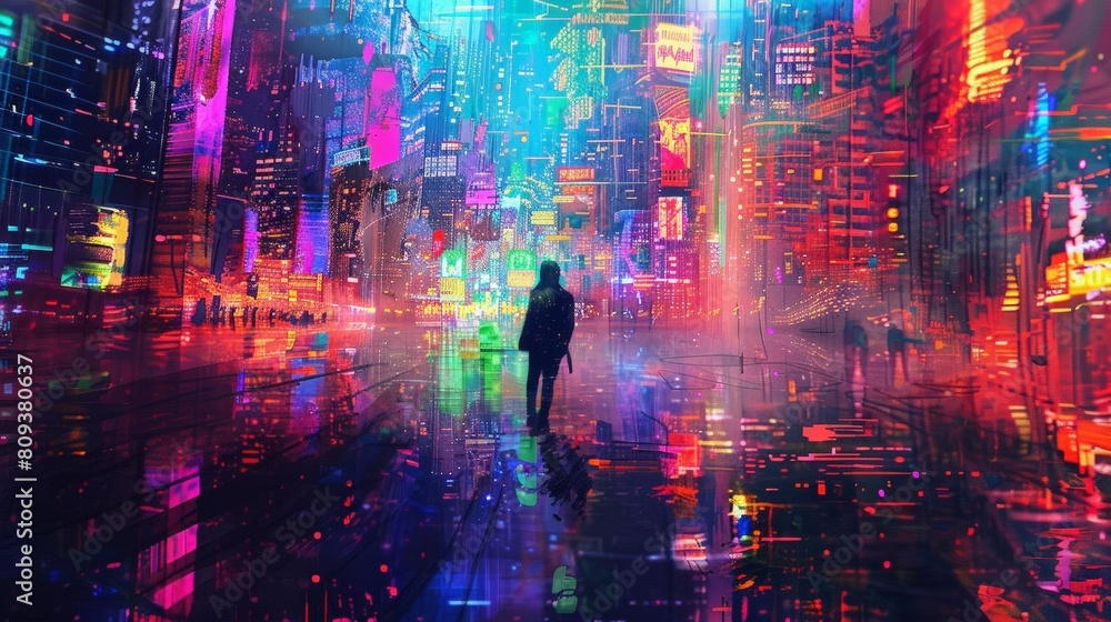 a person stands in front of a cityscape featuring tall buildings and a neon sign, with a black umbrella in the foreground a person stands in front of a cityscape featuring tall buildings and a neon sign, with a black umbrella in the foreground
