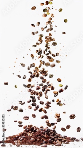 Coffee Beans Explosion, A burst of fresh coffee beans explodes upwards from a hidden source, filling the frame with various shades of brown and green
