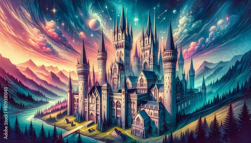 A captivating image of an enchanted fantasy castle, towering majestically with intricate spires and turrets, surrounded by mystical landscapes, evoking wonder and fairy tale magic.